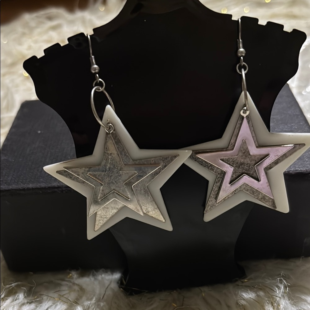 Silver and White Star Earrings
